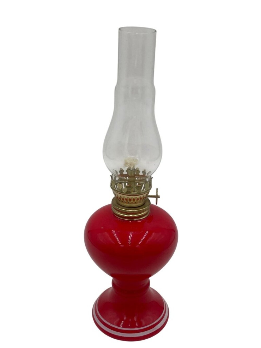 Vintage Red Glass Oil Lamp Brass Burner & Clear Chimney 10 Inches Tall